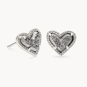 NWT Kendra Scott Ari Heart Silver Stud Earrings In Platinum Drusy